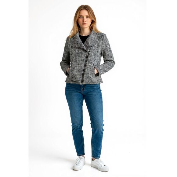 Halogen Waffle Knit Moto Jacket Asymmetrical Zip Women Small Black White Granite - Picture 1 of 10